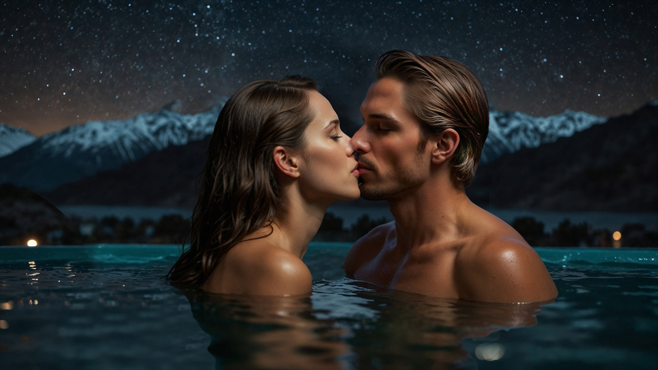 Man and woman in hot tub in front of snowy mountains