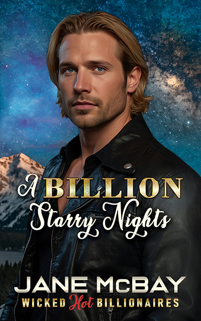 handsome man in leather jacket in front of snowy mountain and starry sky